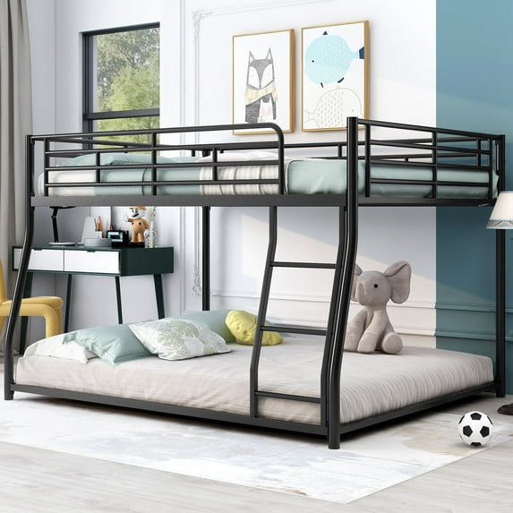 Bellemave Metal Full XL Over Queen Bunk Bed, Heavy Duty Floor Bunk Bed Frame with Ladder and High Guardrail, Bunk Beds for Teen Adults(Black)