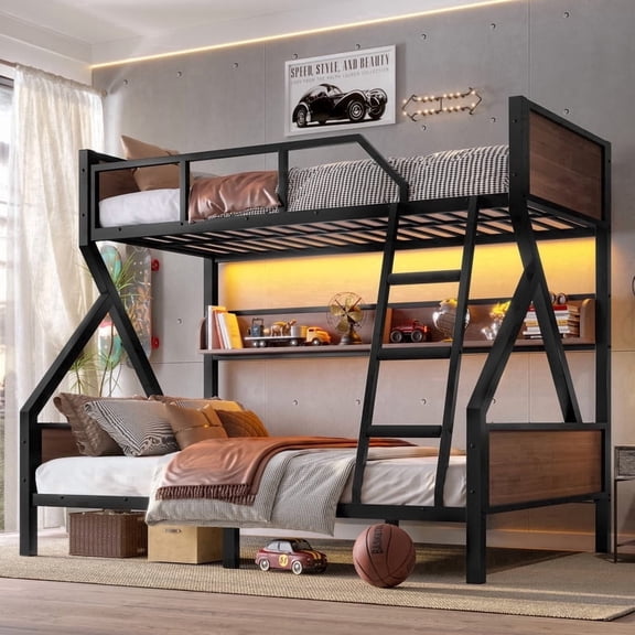 Bellemave Twin Over Full Bunk Bed with Storage Shelves, Heavy-Duty Bunk Beds with LED Lights, Space-Saving Metal+Wood Bunk Bed Twin Over Full, Noise-Free Design(Black)