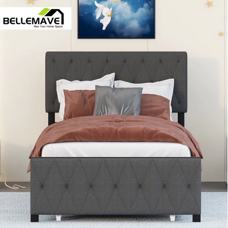 Bellemave Metal Platform Bed Frame with Storage Drawer, Twin size Platform Bed with Tufted Upholstered Headboard, Dark Gray