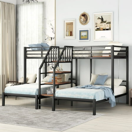 Bellemave Metal Triple Bunk Bed for 3,Twin over Twin&Twin Size Bunk Bed with Storage Shelves Staircase,Sturdy Dorm Bed Frame for Kids/Teens/Adults,Black