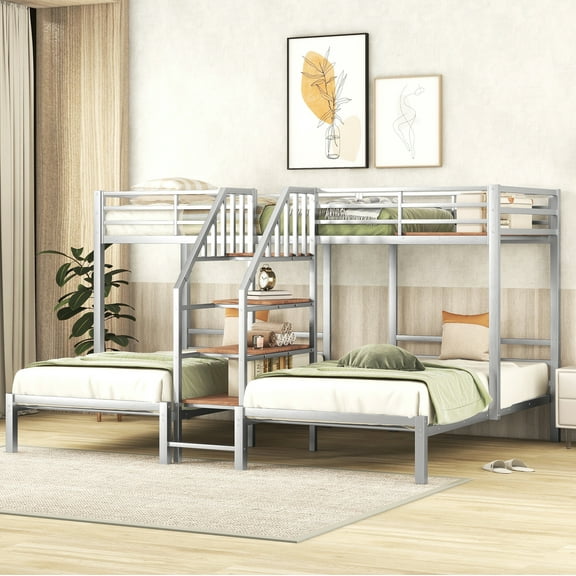 Bellemave Metal Triple Bunk Bed for 3,Twin over Twin&Twin Size Bunk Bed with Storage Shelves Staircase,Sturdy Dorm Bed Frame for Kids/Teens/Adults,Silver