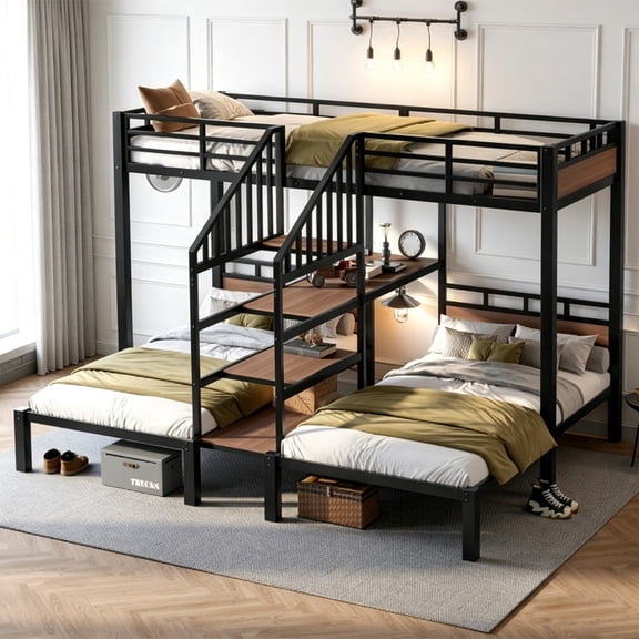 Bellemave Metal Triple Bunk Bed with Desk, Twin over Twin over Twin Bunk Bed with Storage Shelves & Stairs, Bunk Bed for 3, Space-Saving 3 Beds Bunk Frame with Guardrails & Ladder, Black
