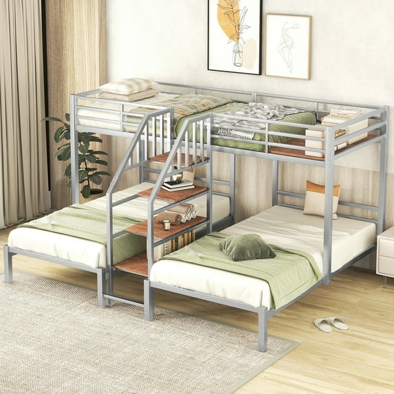 Bellemave Kids Metal Twin-over-Twin-over-Twin Triple Bunk Bed with Stairs and Storage, Silver