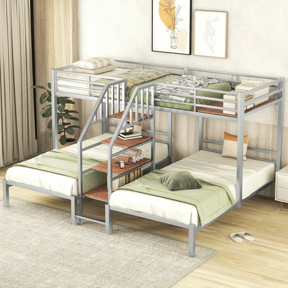 Bellemave Kids Metal Twin-over-Twin-over-Twin Triple Bunk Bed with Stairs and Storage, Silver