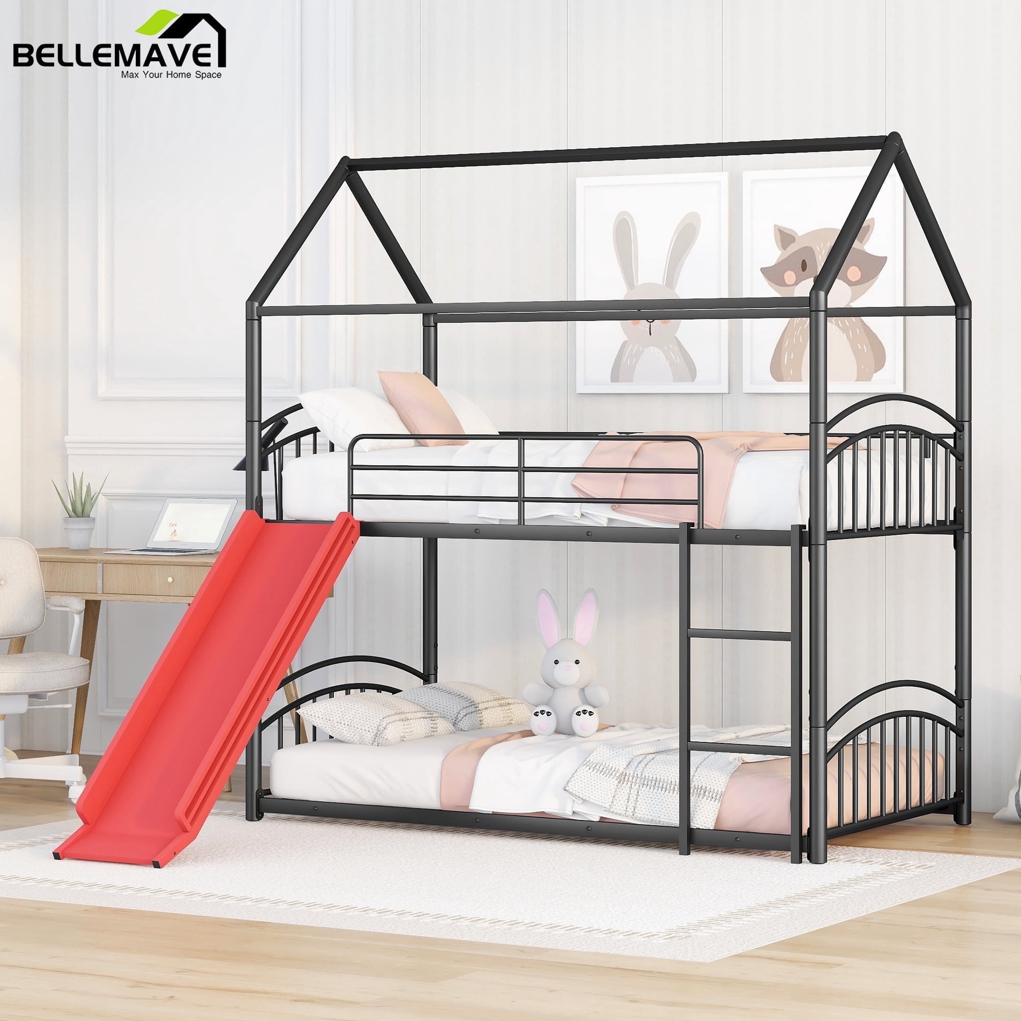 Bellemave Metal Twin Bunk Bed with Red Slide, Floor Bunk Bed, House ...