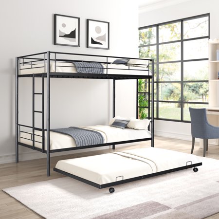 Bellemave Metal Twin over Twin Bunk Bed with Trundle, Metal Bunk Bed Frame with 2 Ladders, Convertible Bunk Bed for 3 Kids, No Box Spring Needed (Black)