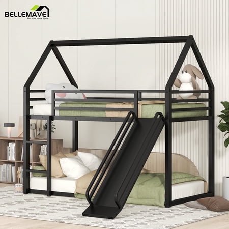 Bellemave Metal Twin Bunk Bed with Slide, Floor Bunk Bed Twin Over Twin, House Bunk Bed for Bedroom (Black)