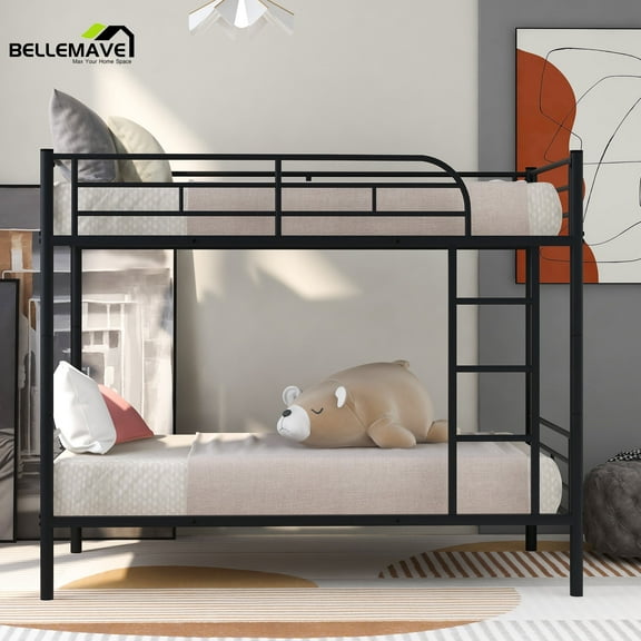 Bellemave Metal Twin over Twin Bunk Bed Frame with Ladder, Guardrail, Can be Divided into Two Beds for Dormitory Bedroom, Black