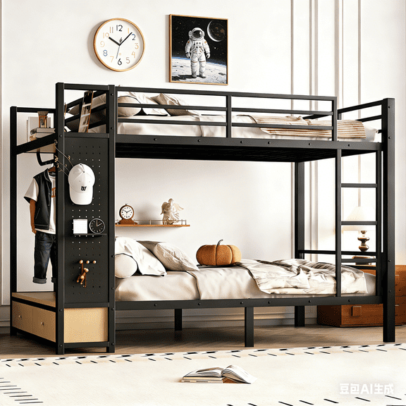 Bellemave Full Over Full Bunk Bed with Hall Tree, Metal Bunk Bed Frame with Storage Drawers and Shelves, Full Size Bunk Beds with Pegboard and Coat Rack for Teen Adults,Black