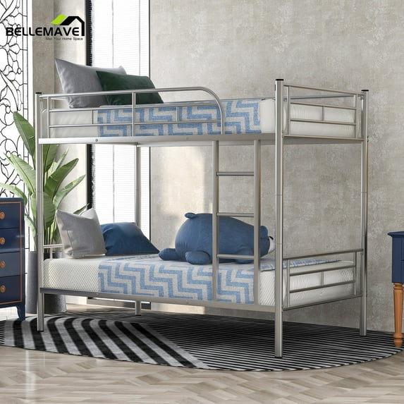 Bellemave Metal Twin over Twin Bunk Bed Frame with Ladder, Guardrail, Can be Divided into Two Beds for Dormitory Bedroom, Silver