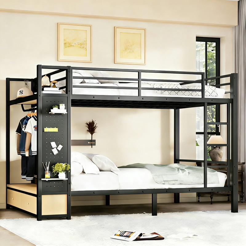 Bellemave Queen Over Queen Bunk Bed with Hall Tree, Metal Bunk Bed ...