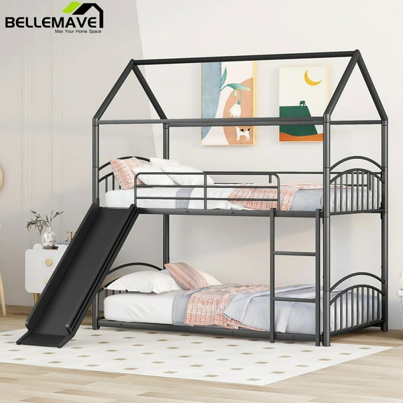 Bellemave Metal Twin over Twin House Bunk Bed with Guardrail and Ladder and Slide, Black