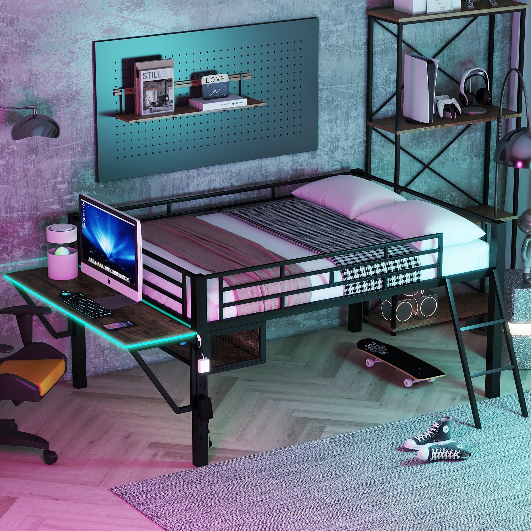 Bellemave Esports Gaming Full Size Metal Loft Bed with LED Lights, Desk ...