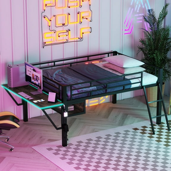 Bellemave Mid Loft Bed with Desk and Storage Esports Gaming Series Metal Loft Bed with LED Lights Twin Size Loft Bed Frame with Shelf for Teens, Gamers, No Box Spring Needed, Twin