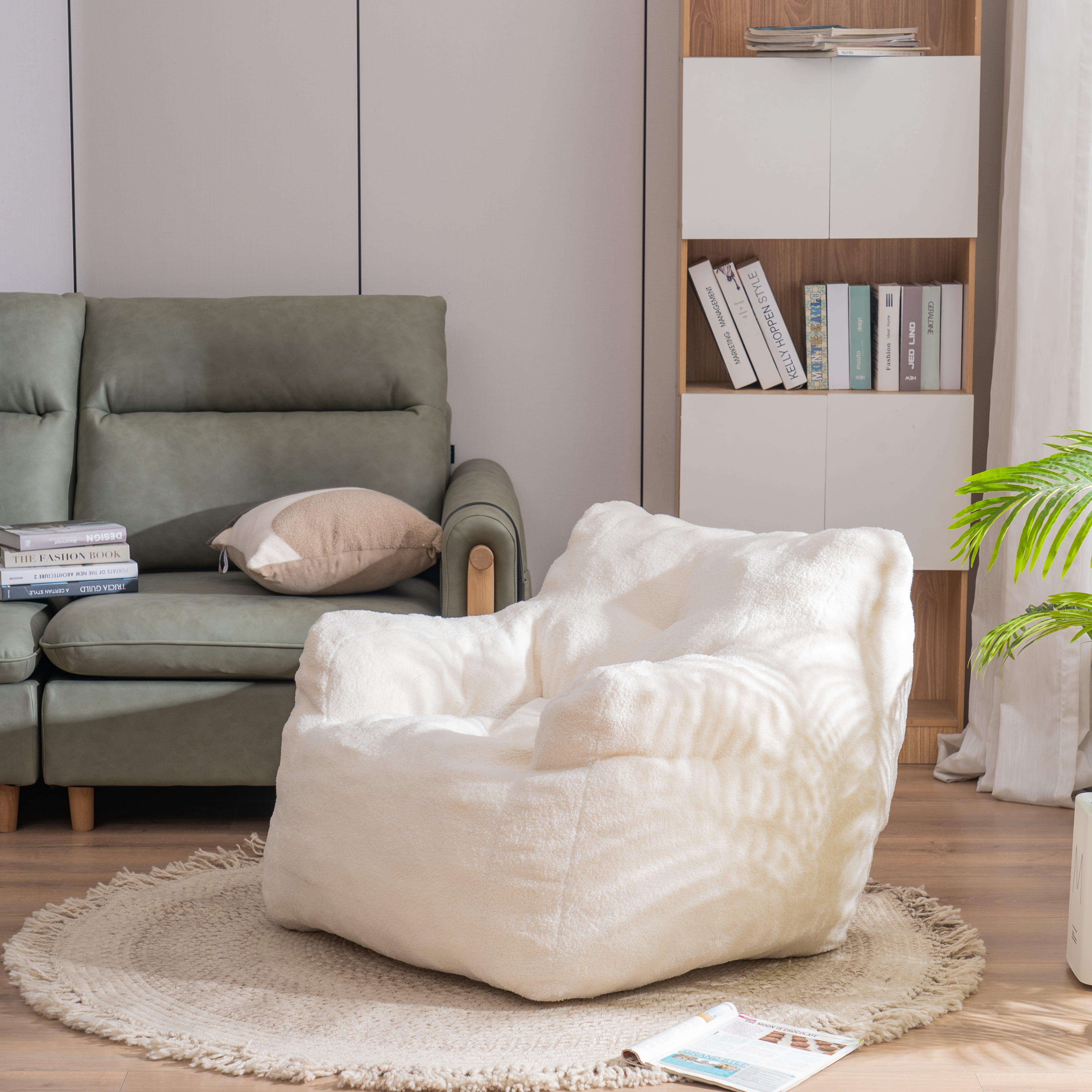 Bellemave Modern Bean Bag Chair for Kids and Adults Teddy Fabric Upholstered Soft Sofa Chair Foam Filled Bean Bag Chair Comfortable Couch for Living Room, Bedroom, Ivory White