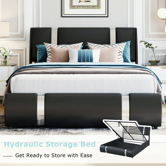 Bellemave Modern Faux Leather Upholstered Bed Frame with Lift Up Storage, Wood Platform Bed Frame with Upholstered Curved Headboard, Full Size, Black