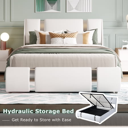 Bellemave Modern Faux Leather Upholstered Bed Frame with Lift Up Storage, Wood Platform Bed Frame with Upholstered Curved Headboard, Full Size, White