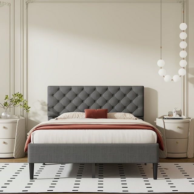 Bellemave Modern Full Platform Bed with Linen Upholstered Headboard ...