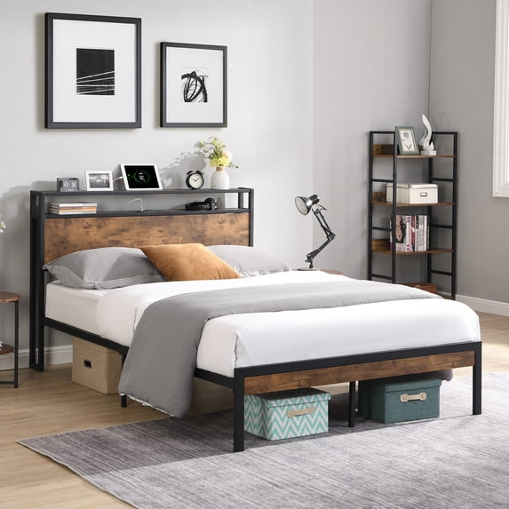 Bellemave Modern Industrial Queen Size Platform Bed with Storage Headboard and Charging Station Metal Bed Frame with Wooden Headboard and Footboard, No Box Spring Needed, Black and Brown
