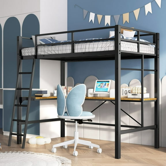 Bellemave Modern Industrial Twin Loft Bed with L-shaped Desk and Charging Station Metal Loft Bed with Guardrails and Ladder Twin Loft Bed Frame for Teens (Black)