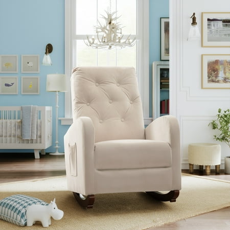 Bellemave Modern Living Room High Back Armchair Upholstered Rocking Chair, Rocking Accent Armchair with Side Pocket, Rocking Chair Baby Room Nursery Chair (Beige)
