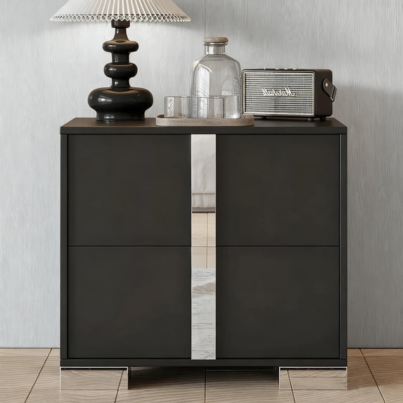 Bellemave Modern Nightstand with Storage, Wooden End Table with Metal Handle and Base, 2 Drawers Beside Table, Black