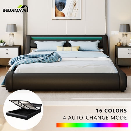 Bellemave Modern Queen Faux Leather Upholstered Platform Bed Frame with LED Lights Headboard, Gas Lift Up System for Under-Bed Storage (Queen Size, Black)