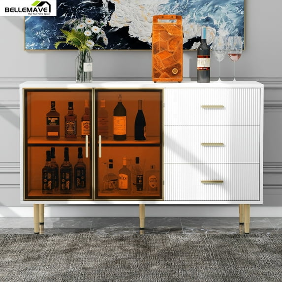 Bellemave Modern Sideboard Buffet Cabinet with 3 Drawers and Free Standing Cabinet, with Amber-Yellow Tempered Glass Doors, Kitchen Storage Cabinet Sideboard for Dining Room Living Room, White