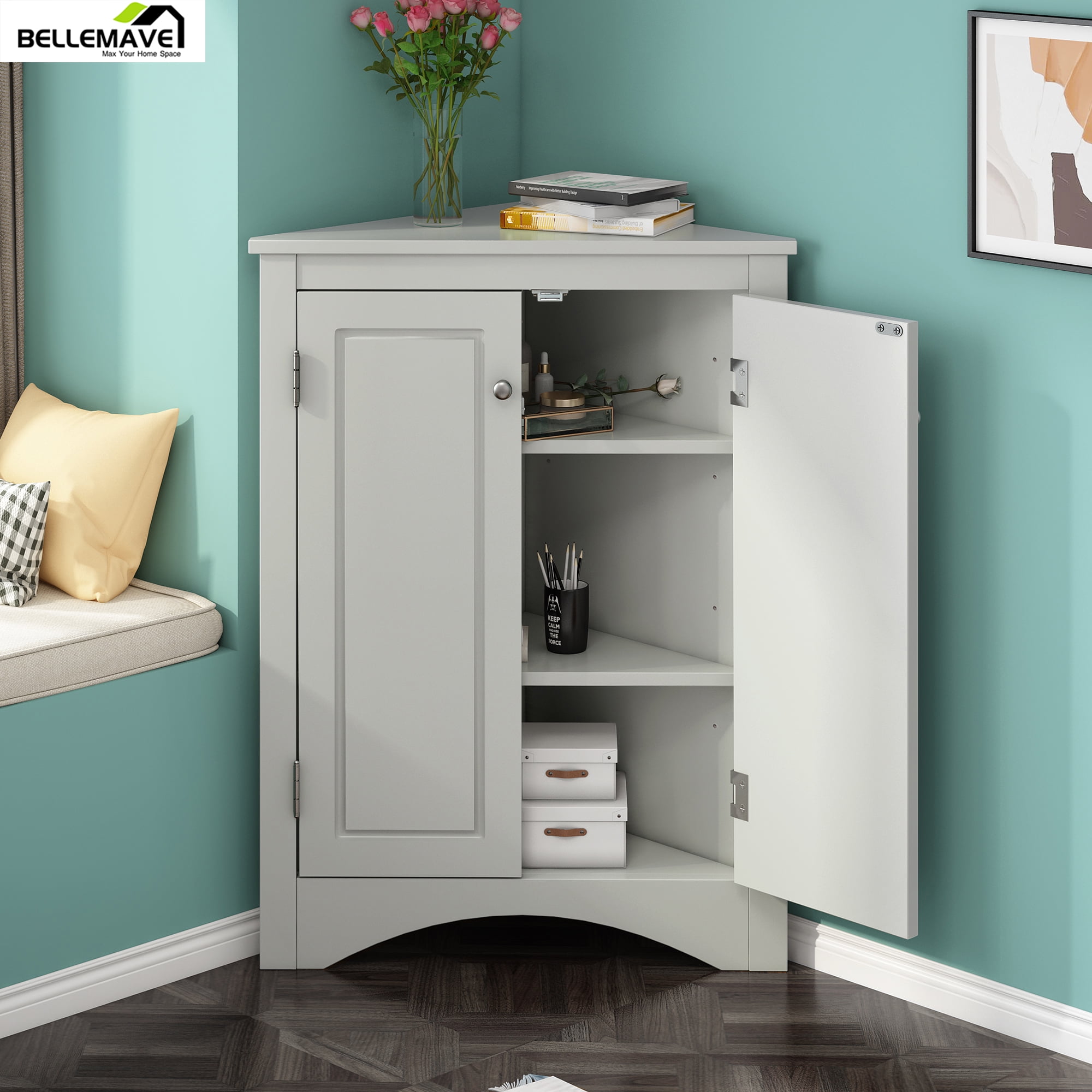 Bellemave Modern Triangle Bathroom Corner Cabinet, Bathroom Storage Cabinet with Adjustable Shelves, Freestanding Floor Cabinet for Bathroom, Living Room, Bedroom, Kitchen (Gray)