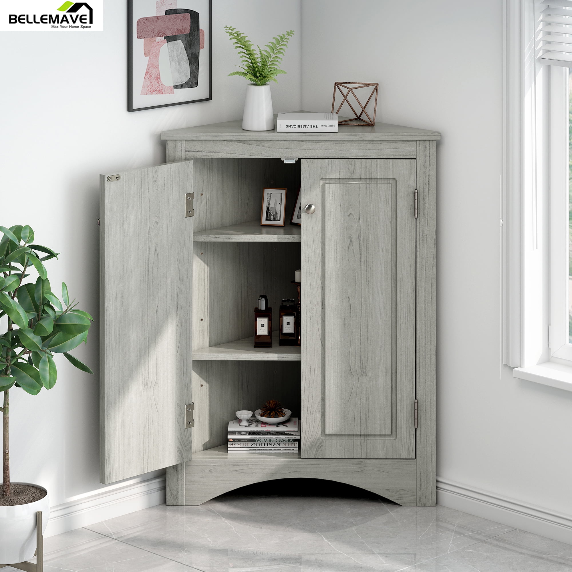 Bellemave Modern Triangle Bathroom Corner Cabinet, Bathroom Storage Cabinet with Adjustable Shelves, Freestanding Floor Cabinet for Bathroom, Living Room, Bedroom, Kitchen (Oak)