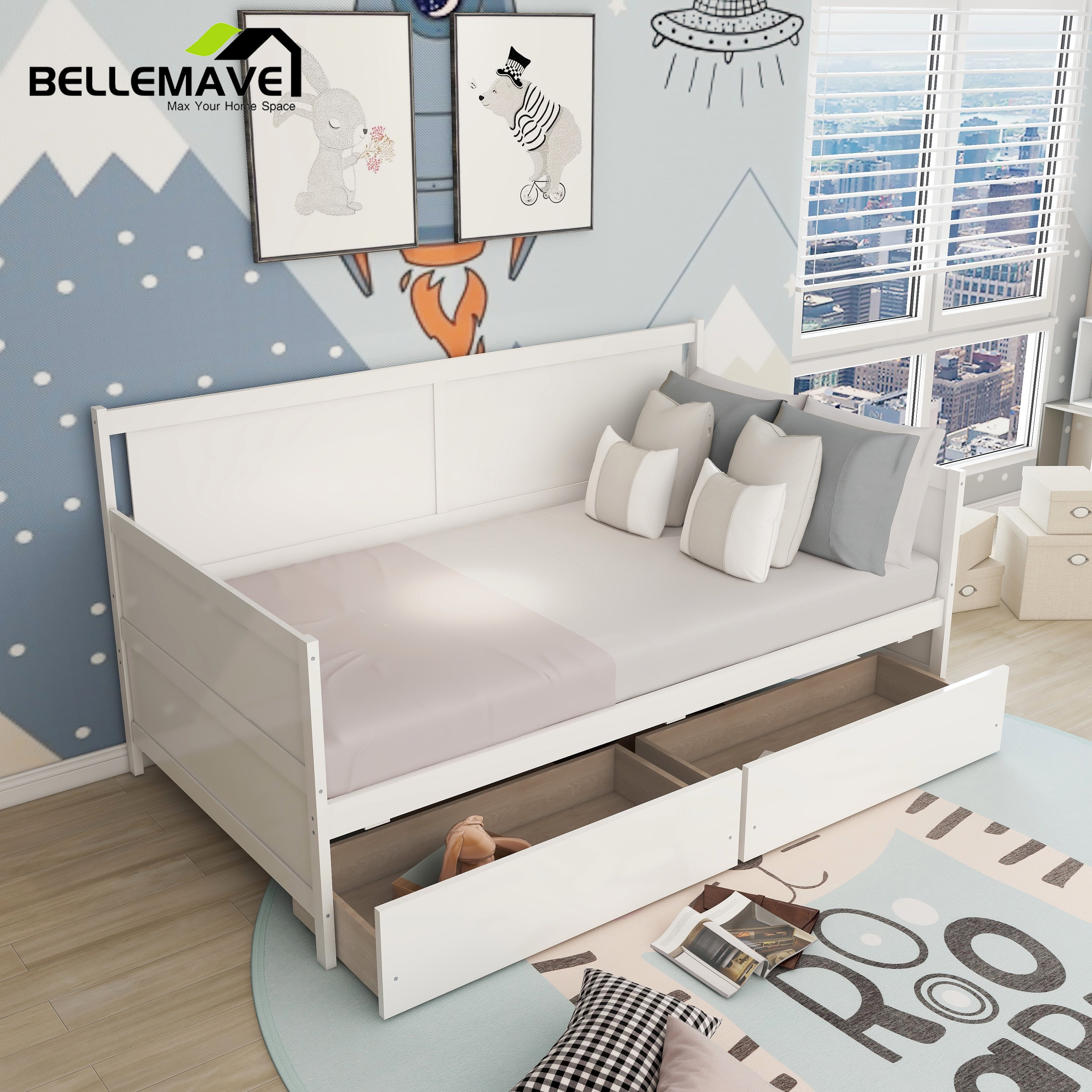 Bellemave Modern Twin Daybed with Storage Drawers Sturdy Wood Bed Frame Sofa Bed with Backrest