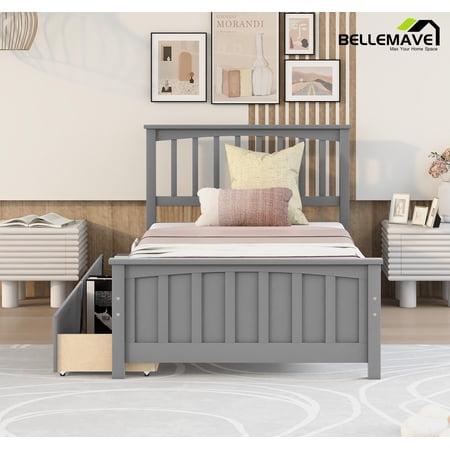 Bellemave Modern Twin Size Bed with Storage Wood Twin Bed Frame with Drawers Platform Bed with Headboard and Footboard, No Box Spring Needed, Gray
