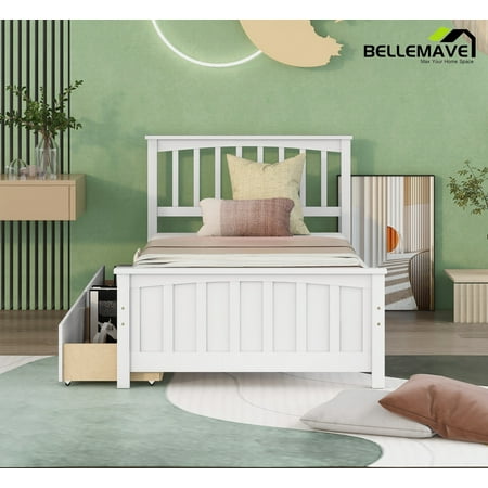 Bellemave Modern Twin Size Bed with Storage Wood Twin Bed Frame with Drawers Platform Bed with Headboard and Footboard, No Box Spring Needed, White