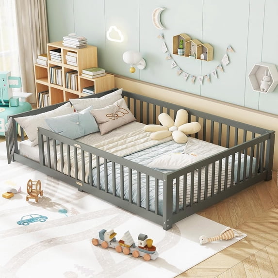 Bellemave Montessori Bed with Rails, Queen Size Floor Bed with Door & Slats Support, Wood Playhouse Bed with Fence, No Box Spring Needed, Gray