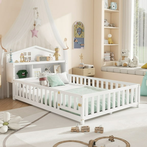 Bellemave Full Size Montessori Bed with Bookcase,Wooden Floor Bed with Fence Rails and Door, Full Playhouse Beds with Storage Headboards, No Box Spring Needed (White)