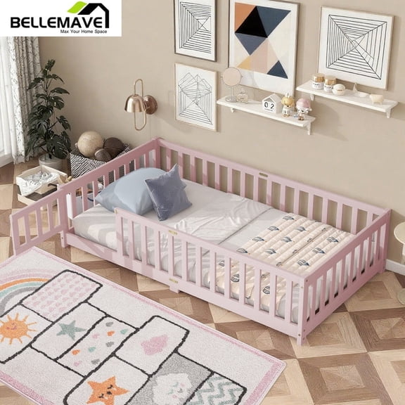 Bellemave Twin Size Floor Bed with Door and Fence Floor Bed with Bed Slats Sturdy Wood Floor Bed Montessori Bed Frame (Twin, Pink)