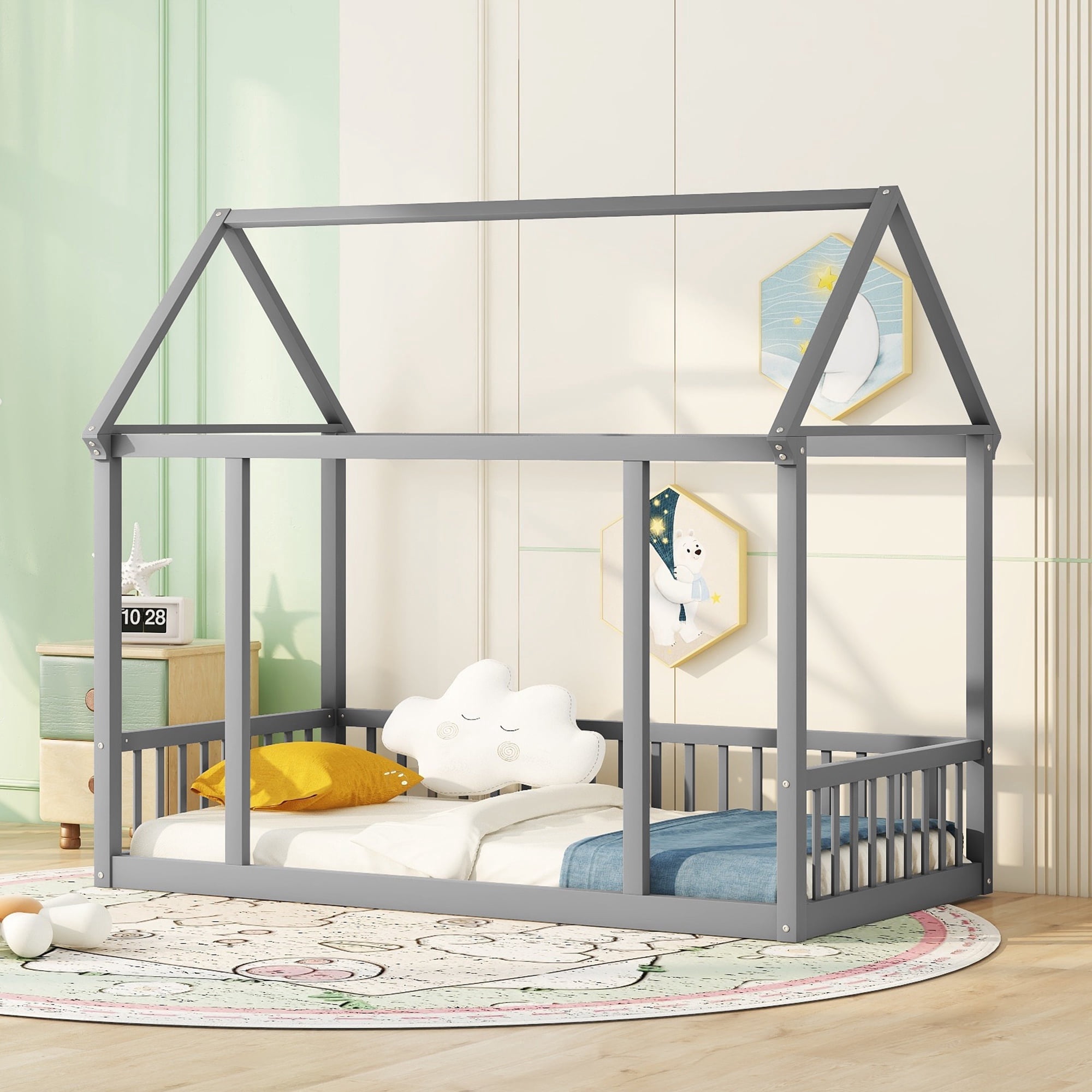 Bellemave Twin Size Wood House-Shaped Floor Bed with Fence, Guardrails, Montessori Floor Bed House Bed Frame with Roof (Twin, Gray)