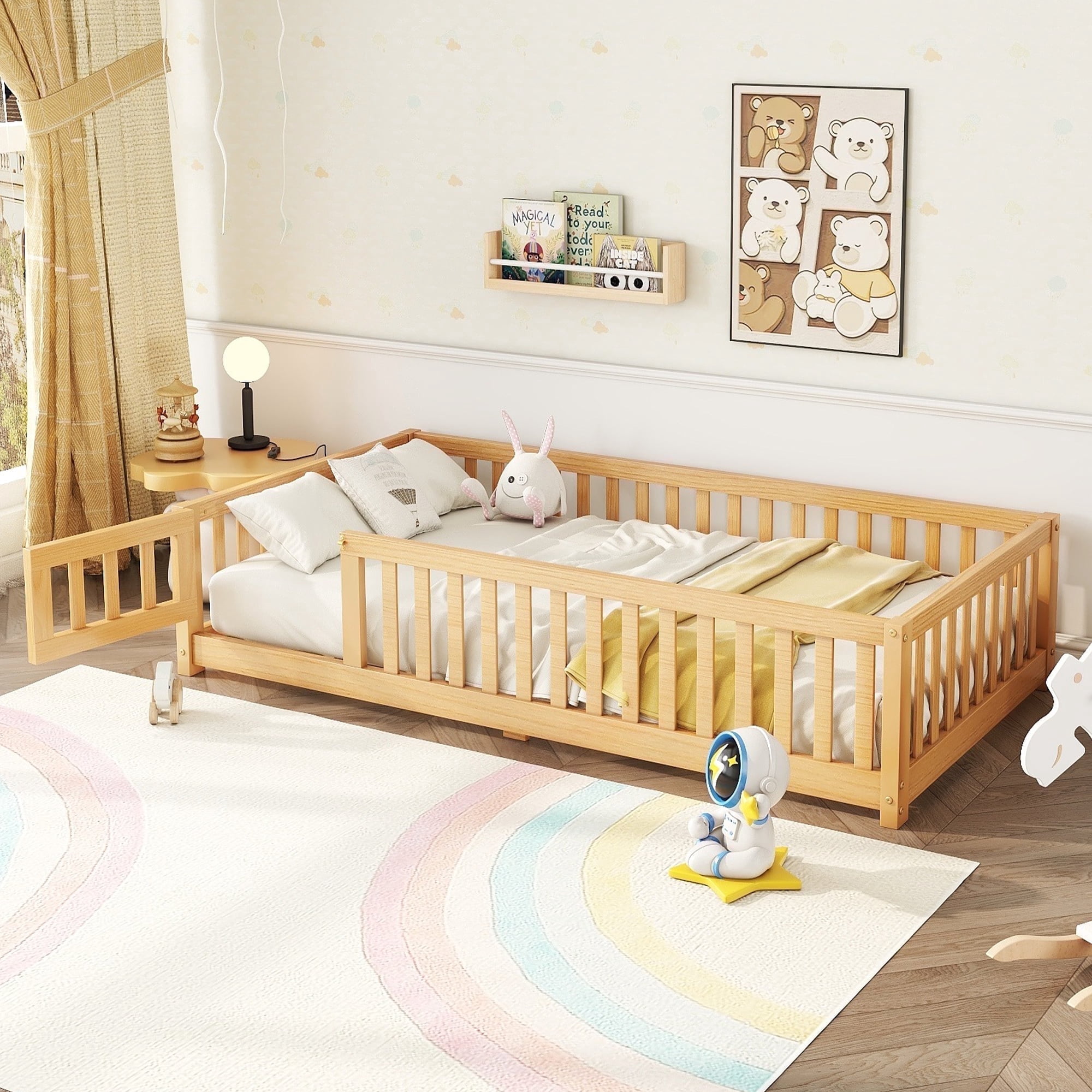 Bellemave Montessori Twin Size Solid Wood Floor Bed with Fence and Door, Twin Montessori Floor bed, Floor Bed Twin, Natural