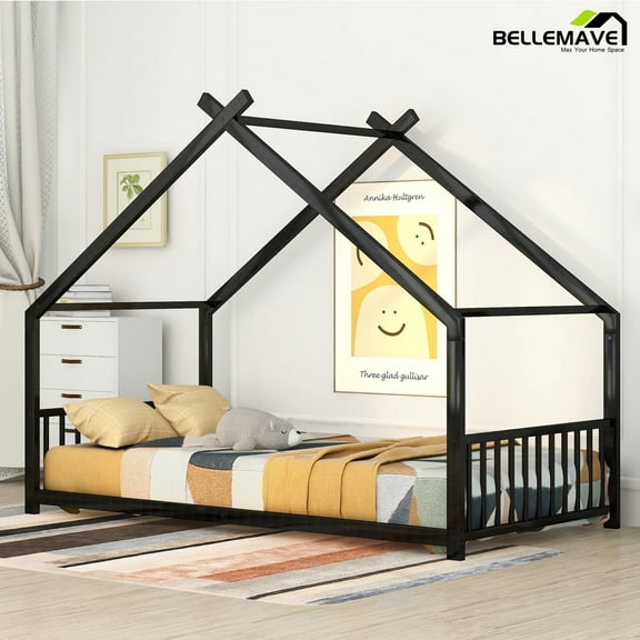 Bellemave Twin Metal House Bed with Headboard and Footboard Montessori House Bed, Metal Floor Bed Frame with Roof, No Box Spring Needed, Black