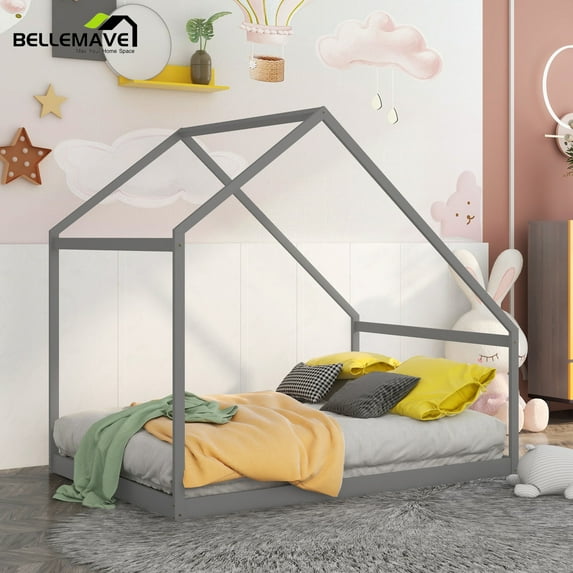 Bellemave Montessori Wood Bed Frame House Beds Floor Bed Frame Bedroom Furniture, Spring Needed, Full Size, Gray