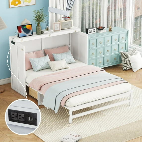 Bellemave Murphy Bed Cabinet Full Size, Wooden Foldable Murphy Bed with Storage Drawer and Charging Station, Murphy Chest Bed for Home, Office, Studio or Guest Room(White)