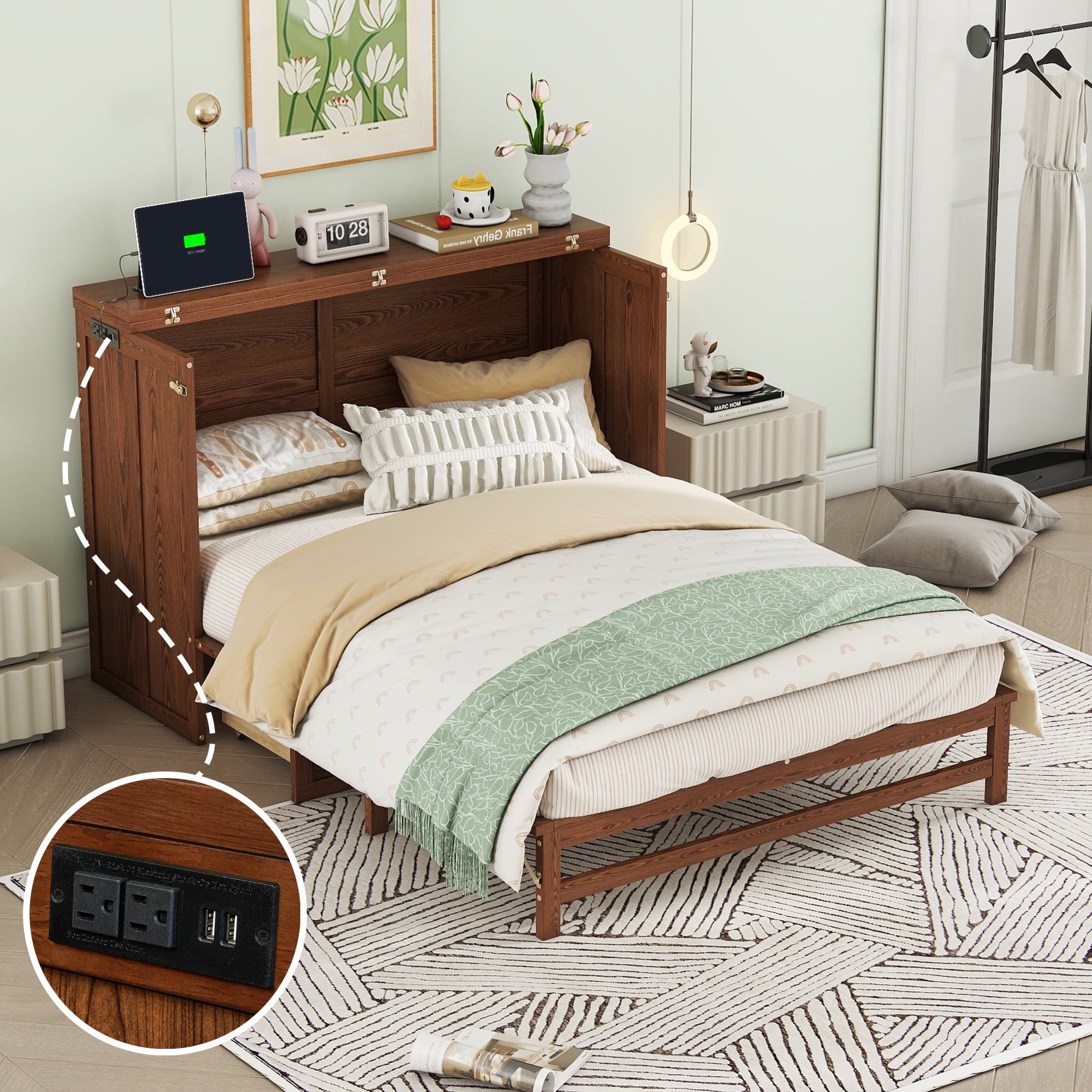 Bellemave Murphy Bed Cabinet Full Size, Wooden Foldable Murphy Bed with Storage Drawer and Charging Station, Murphy Chest Bed for Home, Office, Studio or Guest Room（Walnut)