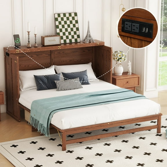 Bellemave Murphy Bed Cabinet Queen Size, Wooden Foldable Murphy Bed with Storage Drawer and Charging Station, Murphy Chest Bed for Home, Office, Studio or Guest Room(Walnut)