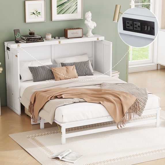 Bellemave Murphy Bed Cabinet Queen Size, Wooden Foldable Murphy Bed with Storage Drawer and Charging Station, Murphy Chest Bed for Home, Office, Studio or Guest Room(White)