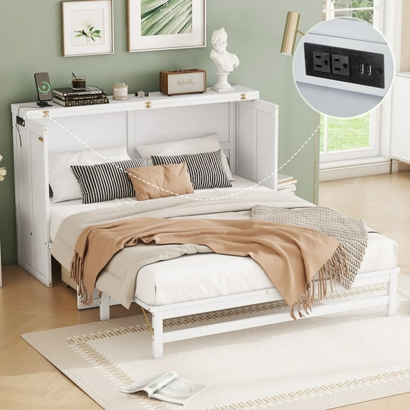 Bellemave Murphy Bed Cabinet Queen Size, Wooden Foldable Murphy Bed with Storage Drawer and Charging Station, Murphy Chest Bed for Home, Office, Studio or Guest Room(White)