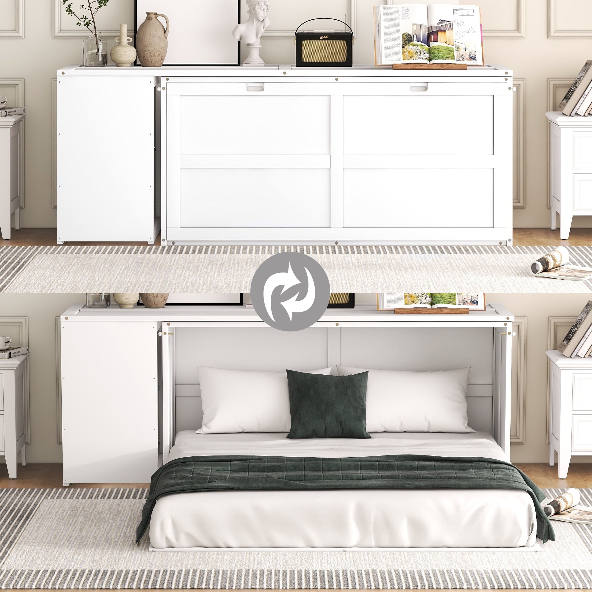 Bellemave Murphy Bed Queen Size, Murphy Cabinet Bed with Rotable Desk and Shelves, Easy Fold Wood Murphy Floor Bed for Guest Room Home Office（White)