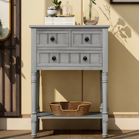 Bellemave Narrow Console Table, Slim Wood Sofa Table with Three Storage Drawers and Bottom Shelf for Living Room, Entryway, Hallway, Gray