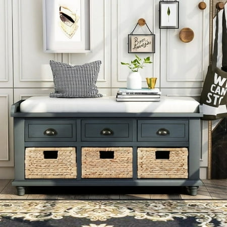 Bellemave Navy Blue Storage Shoe Bench with 3 Drawers and 3 Rattan Baskets, Rustic Wood Shoe Bench for Living Room Entryway Hallway