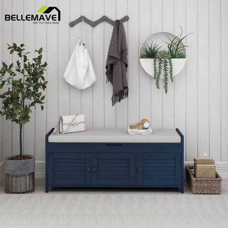 Bellemave Navy Blue Wood Storage Bench with 3 Shutter-shaped Doors, Entryway Shoe Bench with Removable Cushion and Shelves