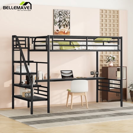Bellemave All in One Twin Loft Bed with Desk and Storage Staircase, Twin Size Metal Loft Bed for Students, Teens, Metal Bed Frame with Shelves and Guardrails, No Box Spring Needed, Black